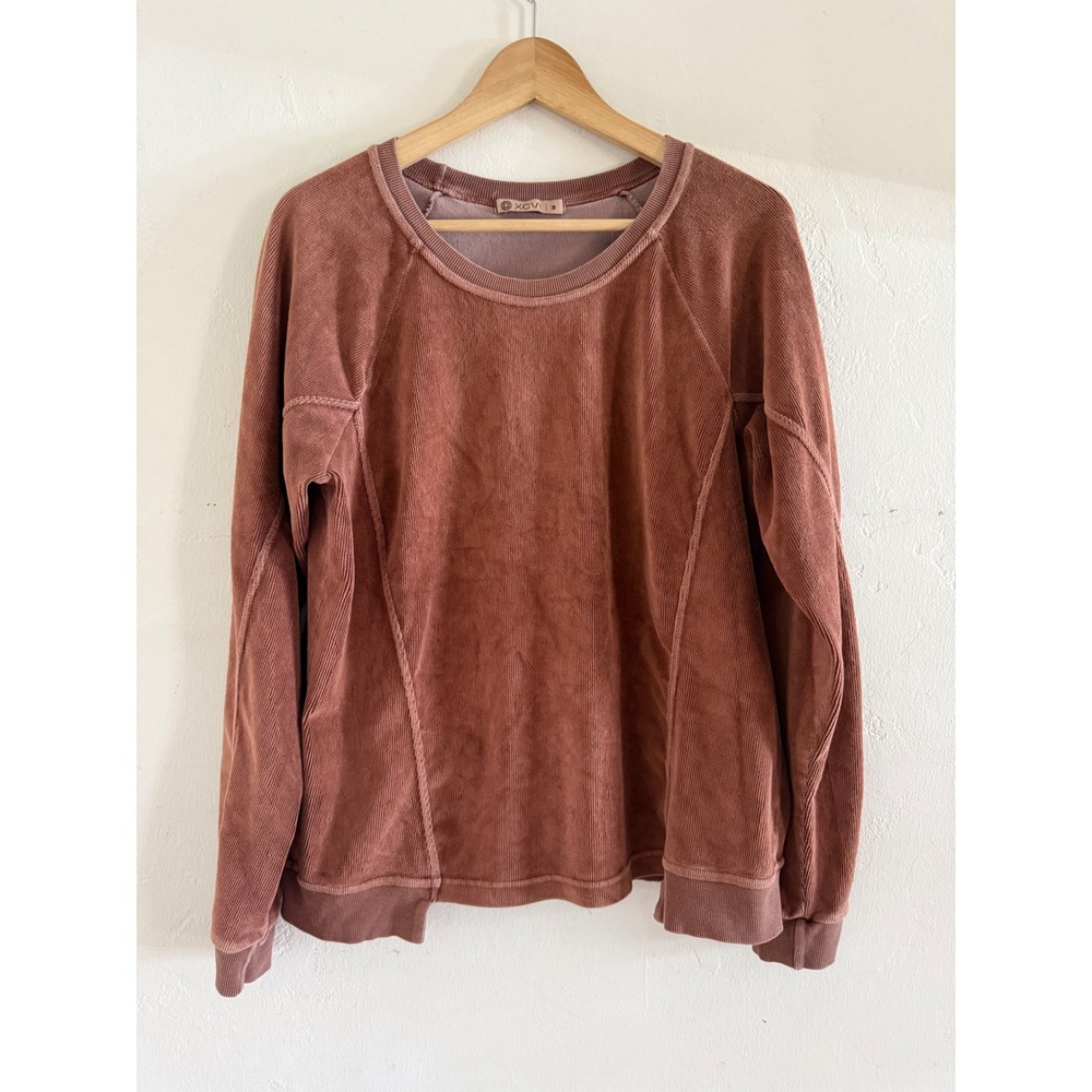 XCVI Women Terracotta Mauve Corduroy Paneled Raglan Sweatshirt Size MEDIUM